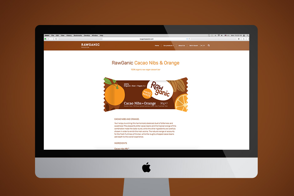 Web page with product info on raw cacao bar