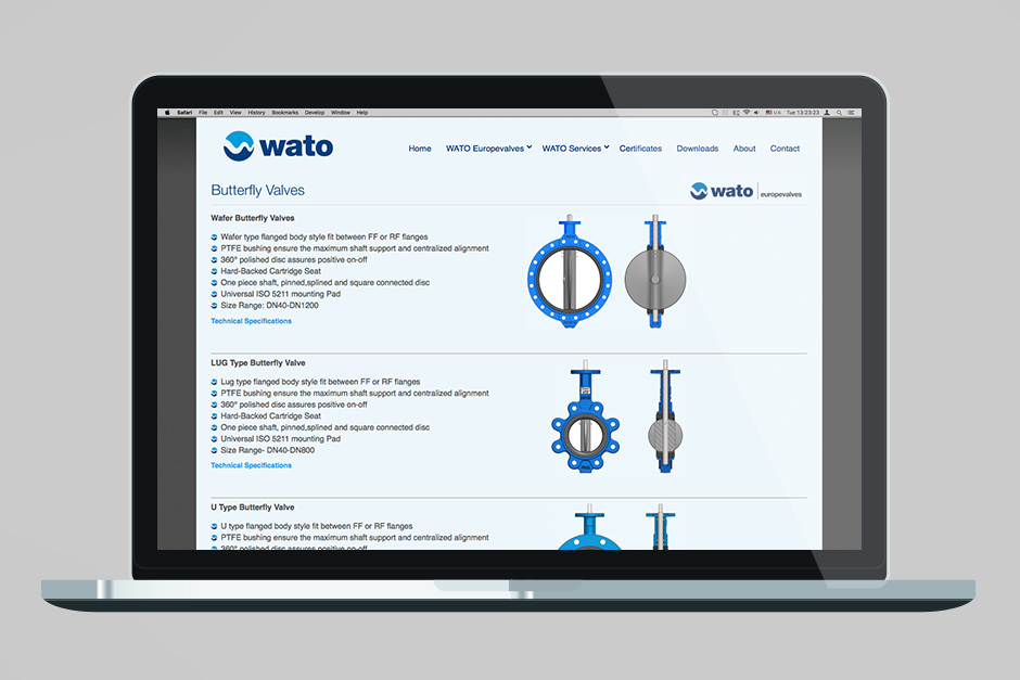 Product display page of a producer of valves and fittings