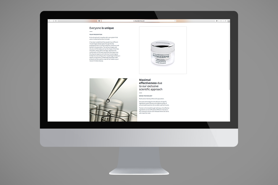 Homepage design for a Swiss cosmetics producer