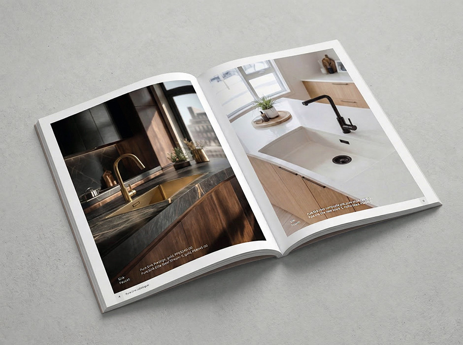 Дизайнът на каталога използва снимки на цяла страница за да предаде вярно красотата на продуктите